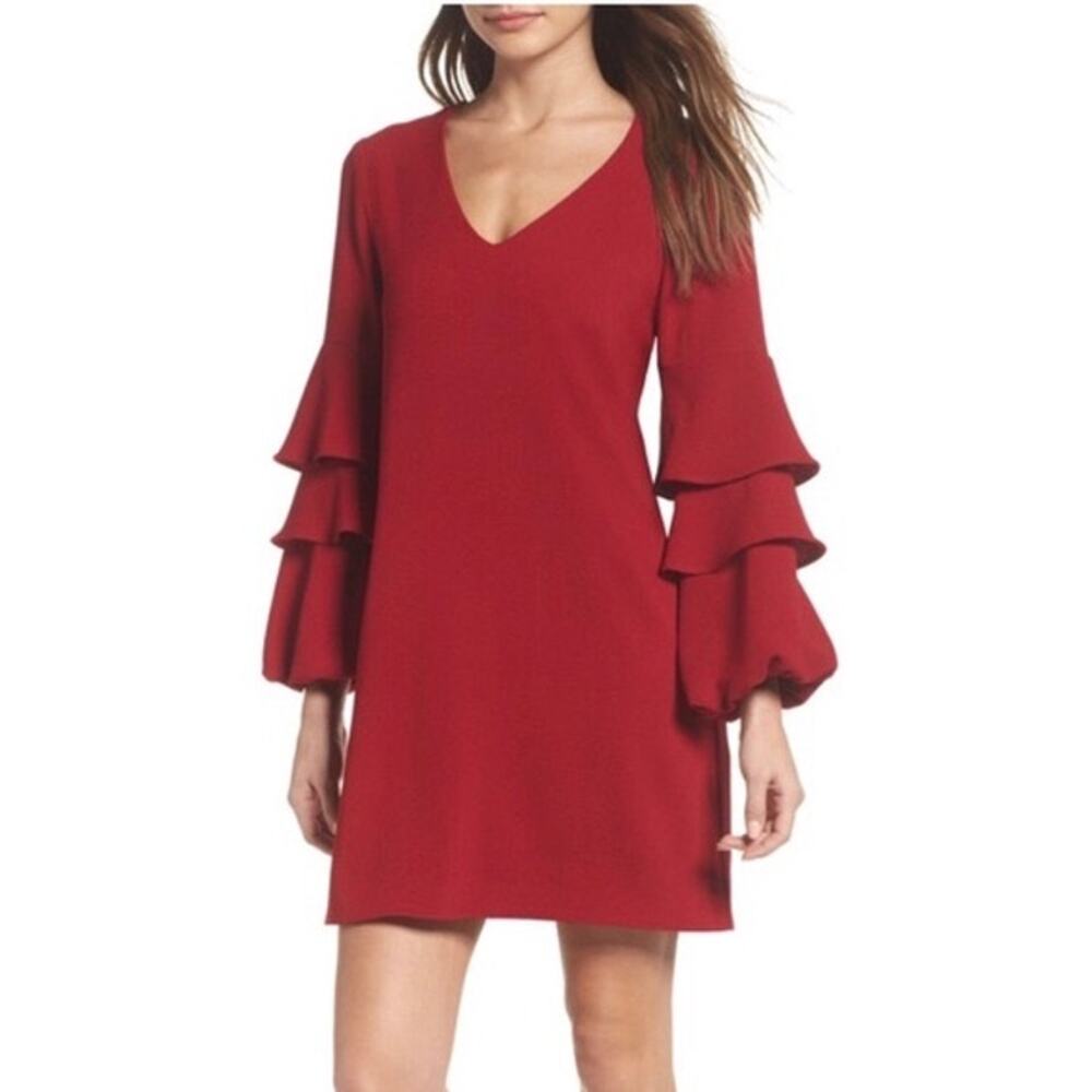 Charles Henry Red Tiered Ruffle Sheath Dress Bell Sleeves Women's Size Medium